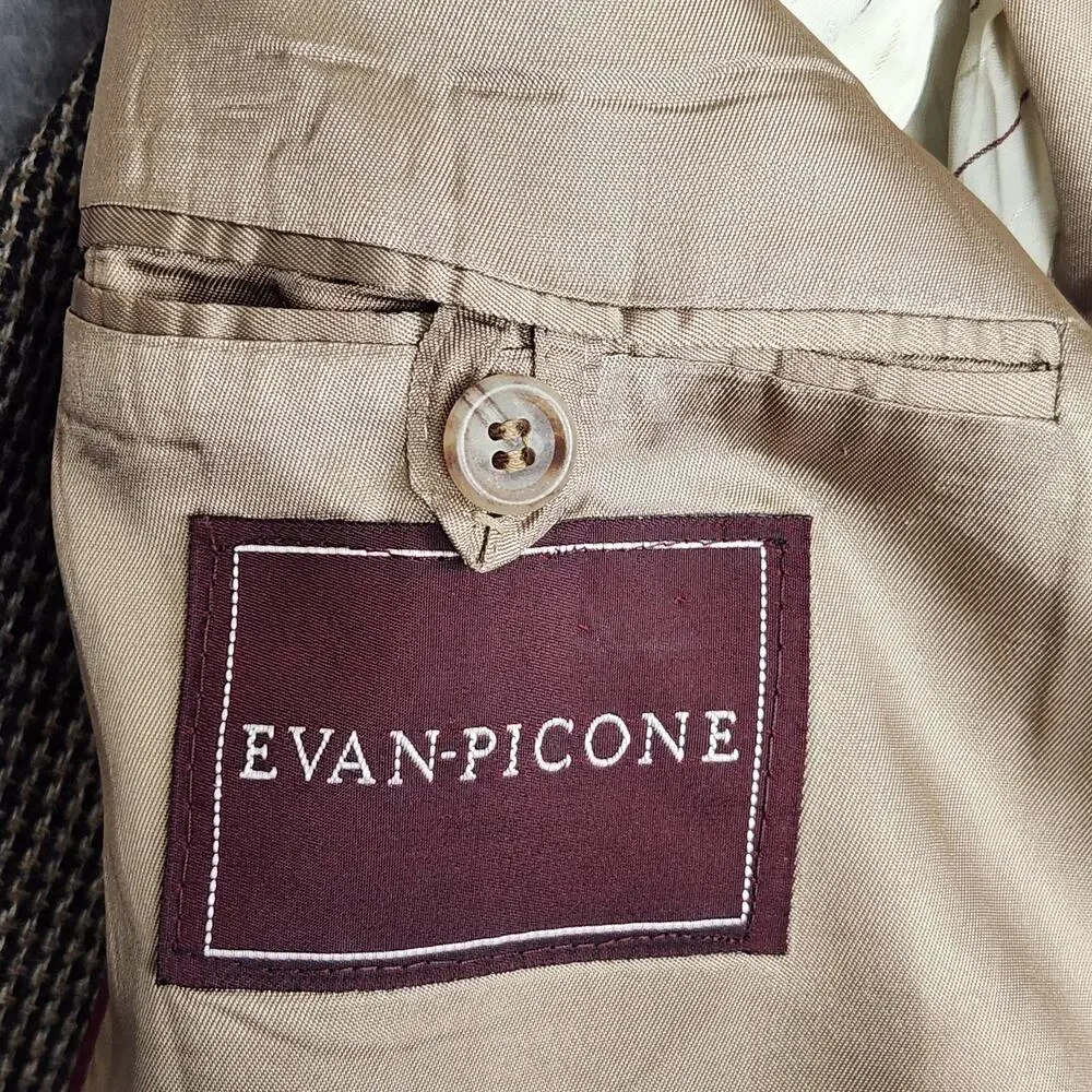 VINTAGE EVAN-PICONE Blazer Mens 41 Brown Houndstooth Wool Elbow Patch Jacket USA